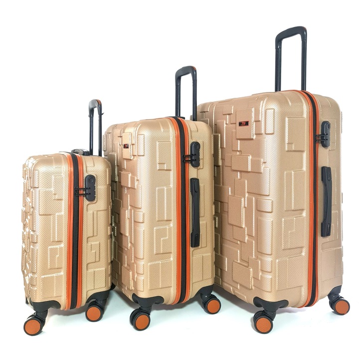 Set 3 Trolere, My Luggage LEGO, ABS, marime L, M, S, fermoar impermeabil, culoare Gold/fermoar Tabac