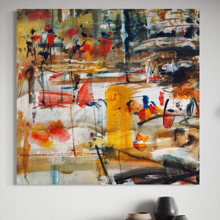 Премиум картина върху платно, LuxCanva® A1094, Танц на цветовете, 100 X 100 см, 100% памучно платно 400 г/м2, дървена рамка, абстрактно изкуство, цвят, живопис, ярки цветове