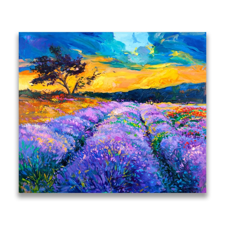 Картина на платно Premium, LuxCanva® A1097, лавандула, 60 X 70 CM, 100% памучно платно 400g/m2, дървена рамка, пейзаж, залез, лилаво, люляк, поле, живи цветове