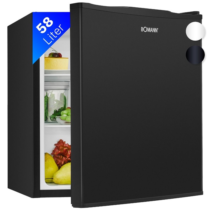 Bomann Minibar Хладилник, Cool Box, H 63,2 см, обем 58 литра, идеален за офис, хотел, къмпинг, ниска консумация, 2 рафта за съхранение, 2 отделения на вратата, регулируема температура, реверсивна врата, регулируеми крачета, шумозаглушители, черен