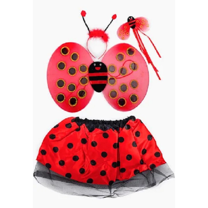 Costum gargarita pentru fetite, 2-10 ani, 4 piese, fusta din tul, aripi, bagheta si bentita, marime universala, Rosu/Negru