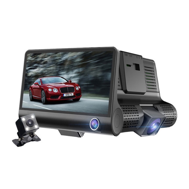 Тройна камера Auto DVR Evolve-x® 1080p, IPS дисплей 4 инча, Ъгъл на запис 170°, Сензор за гравитация, Детекция на движение, Камера за заден ход, Нощно виждане, Поддържа MicroSD карта до 64GB, Черен