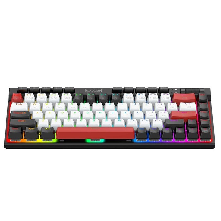Tastatura gaming mecanica Bluetooth cu si fara fir Redragon Magic-Wand Mini PRO iluminare RGB taste albe negre si rosii