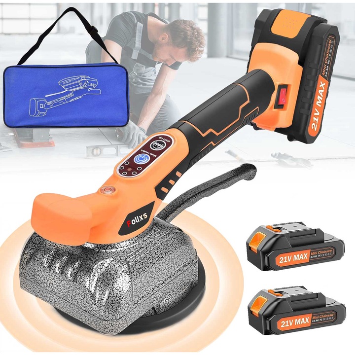 Masina cu ventuza, Folixs®, pentru nivelarea prin vibratii a placilor ceramice, 2 Baterii, 21V, 5 trepte viteza, portocaliu