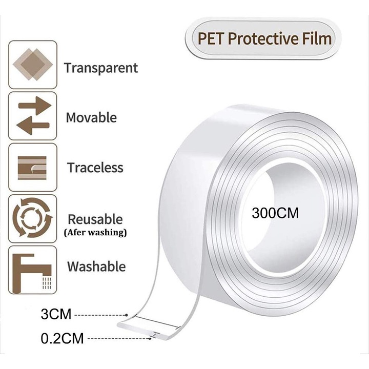 Banda adeziva dubla Jormftte, multifunctionala, reutilizabila, transparenta, 2x10FT