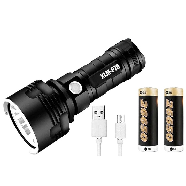 Mmgoqqt XLM-P70 LED фенер, 100000 лумена, водоустойчив, 3 режима на светене, черен, USB презареждаем, комплект от 2 батерии