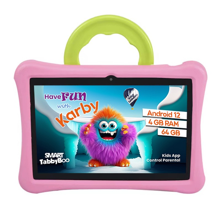 SMART TabbyBoo Karby Fun táblagép, 64 GB, 4 GB RAM, Android 12 szülői felügyelettel, WiFi 6, 10" IPS képernyő, játékok és oktatási tevékenységek gyerekeknek - rózsaszín