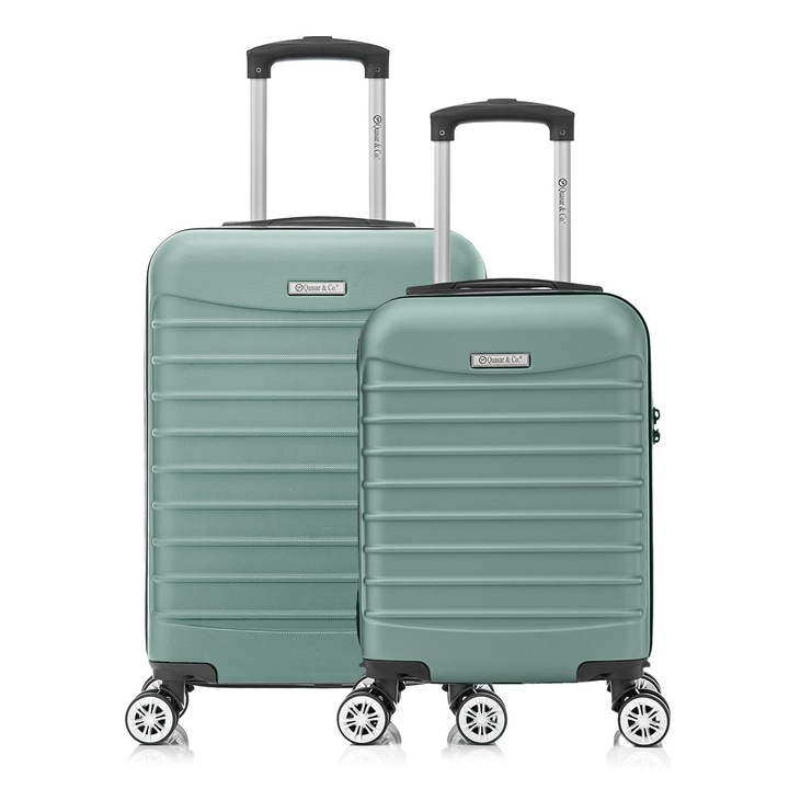 Комплект куфари за ръчен багаж в самолет, 55x36x20 см/40x30x20 см, 4 двойни безшумни колела 360°, сваляеми, модел LINE Quasar & Co.®, ABS 2.8 мм, цип с защита срещу кражба, кодово заключване, телескопична дръжка, до 10 кг, Тюркоаз