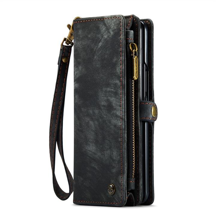 Калъф за Samsung Galaxy Z Fold4, CaseMe, кожен портфейл, с магнитна щипка, мултифункционален, отделяща се каишка за ръка, джобове за карти, пари, стойка, слушалки, ключове, Черно