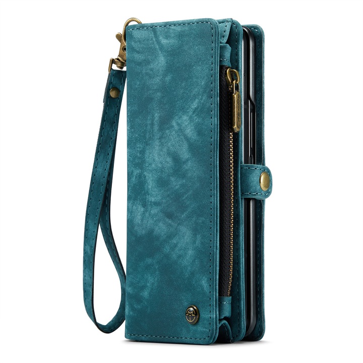 Калъф за Samsung Galaxy Z Fold4, CaseMe, кожен портфейл, с магнитна щипка, мултифункционален, отделяща се каишка за ръка, джобове за карти, пари, стойка, слушалки, ключове, Син