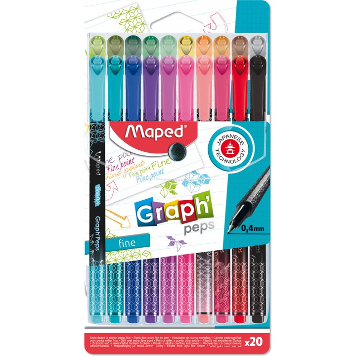 Set 20 fineliner pentru scoala/birou, Maped, Varf cu clip, Multicolor