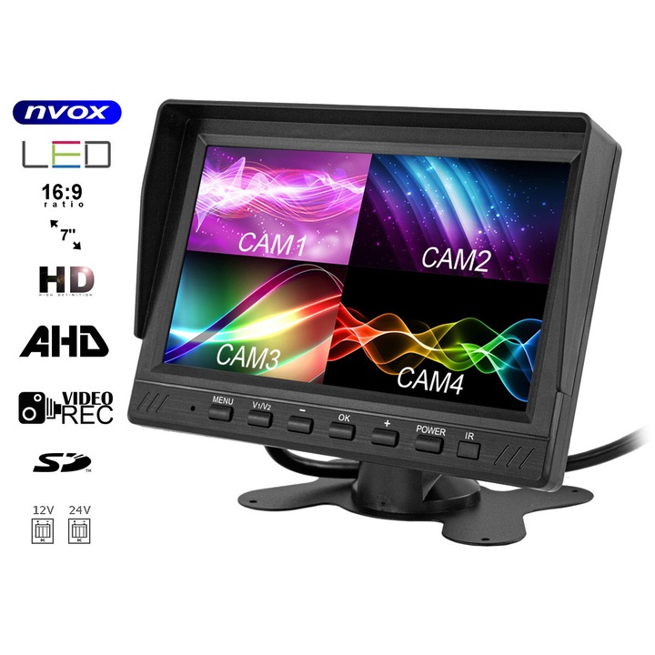 LCD autós monitor, Nvox, 7 hüvelykes, 4PIN, 12V-24V, Fekete