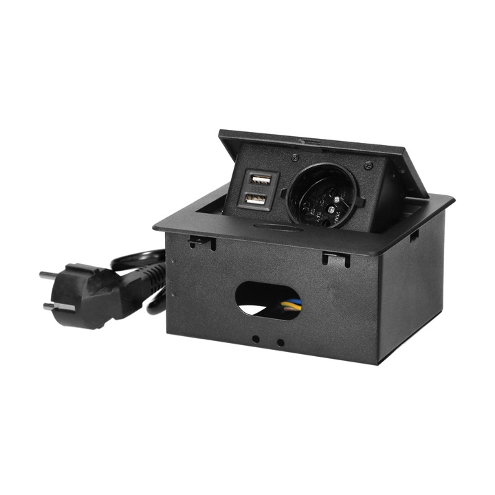 Контакт за мебели с USB зарядно, Orno, 1x2P+Z, 2 x USB, 1,5 м кабел, Черен