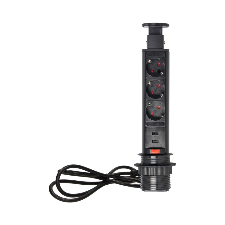 Разклонител за мебел, Orno, Разтегателна от плота, USB зарядно, 1,8 м кабел, 3x2P+Z, Черна