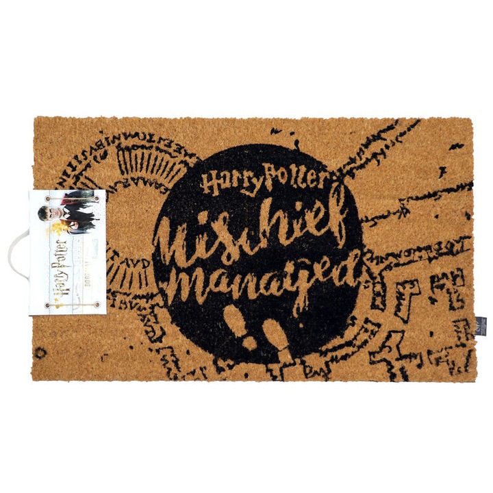 Covoras Harry Potter Mischief Managed, SD Toys, Fibre de cocos, 60 x 40 cm, Bej/Negru
