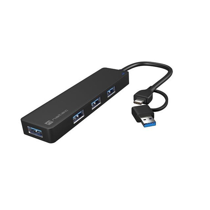 USB хъб Natec, Mayfly USB-C 3.0 4 Port + USB-A Adapter, Черен