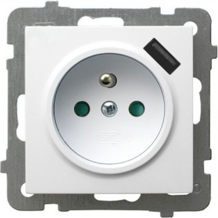 Обикновен контакт със заземяване, Ospel, AS, със защитни капаци за токовия път, с USB зарядно устройство