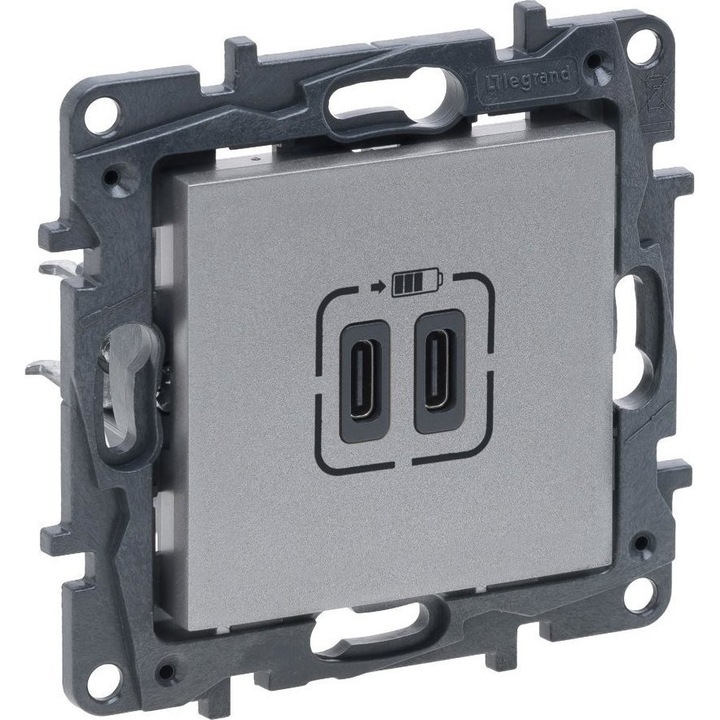 Priza dubla de incarcare USB-C, Legrand, Aluminiu, Niloe Step, 3A