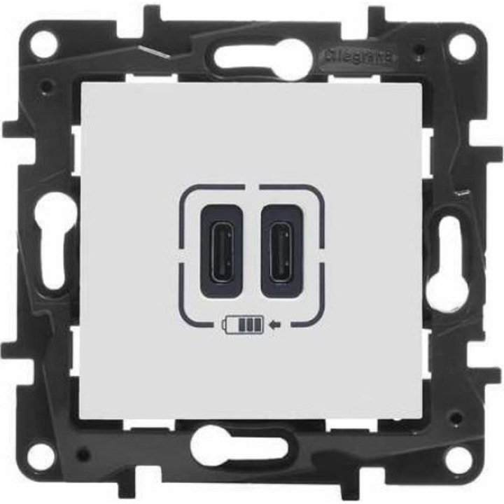 Töltő, Legrand, 2xUSB-C, 3A, Fehér