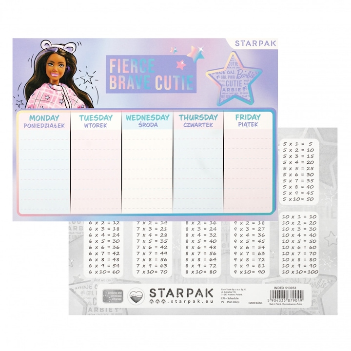 Orar 2 in 1 Barbie, Starpark, Cu tabla inmultirii, A5, Mov