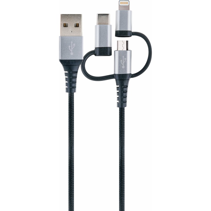 Cablu Schwaiger 3-in-1, 1.5m, USB-A la MicroUSB/Lightning, Negru/Argintiu
