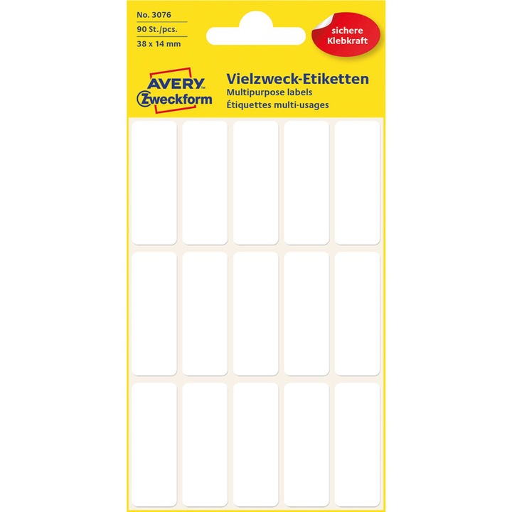 90 db öntapadós címke készlet, Avery Zweckform, 38 x 14 mm, fehér