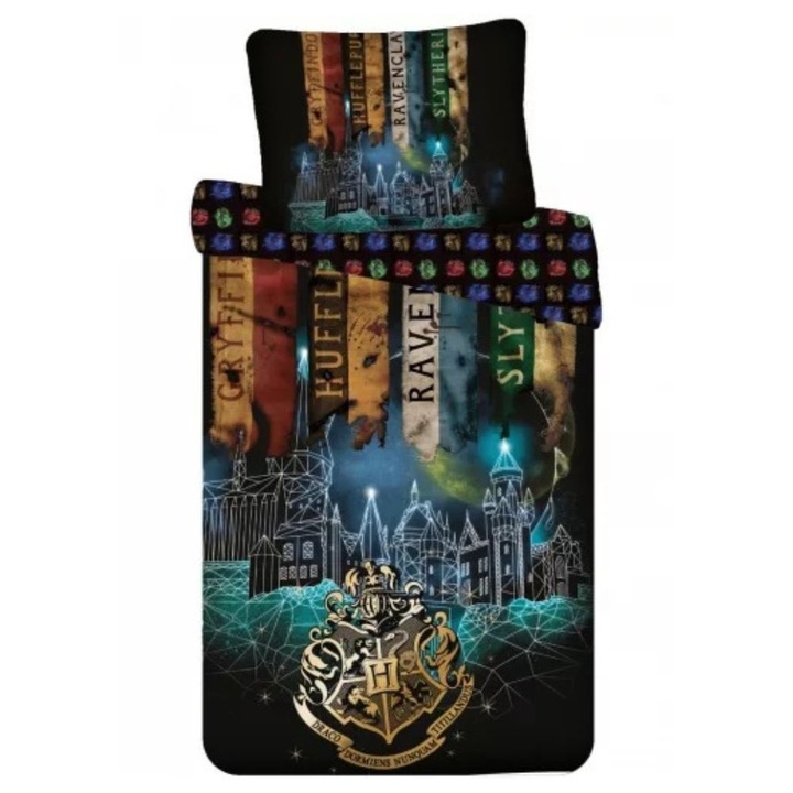 Детски спален комплект Harry Potter, The 4 Houses, 2 части, Двулицев плик 140х200 см, Калъфка за възглавница 70х90 см, 100% памук, Многоцветен