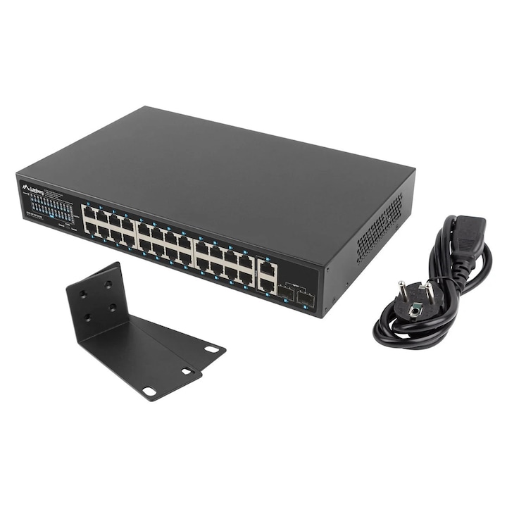 PoE+ Switch, Lanberg, 24X, 1 GB, POE+/2 x GB, 2 x SFP, RACK 19", 360 W, IEEE 802.3at, fekete