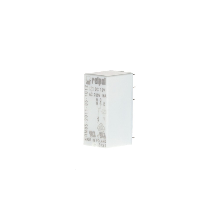 Miniatűr relé RM85 sorozat, Relpol, 12V DC, IP67, 15,7 x 12,7 x 29 mm, fehér