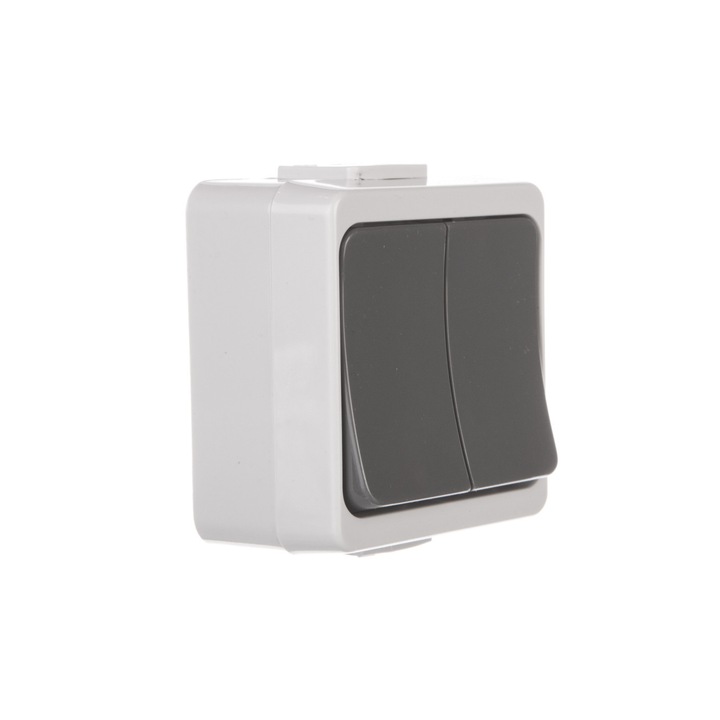 Intrerupator Timex, 2 butoane, cu iluminare, IP44, gri, montaj pe suprafata
