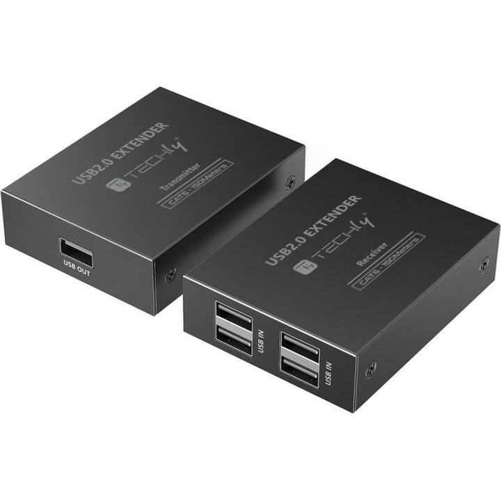 Extender hub USB, Techly, 4 porturi, USB 2.0, Cat6, 1 x RJ-45, 480 Mb/s, Negru