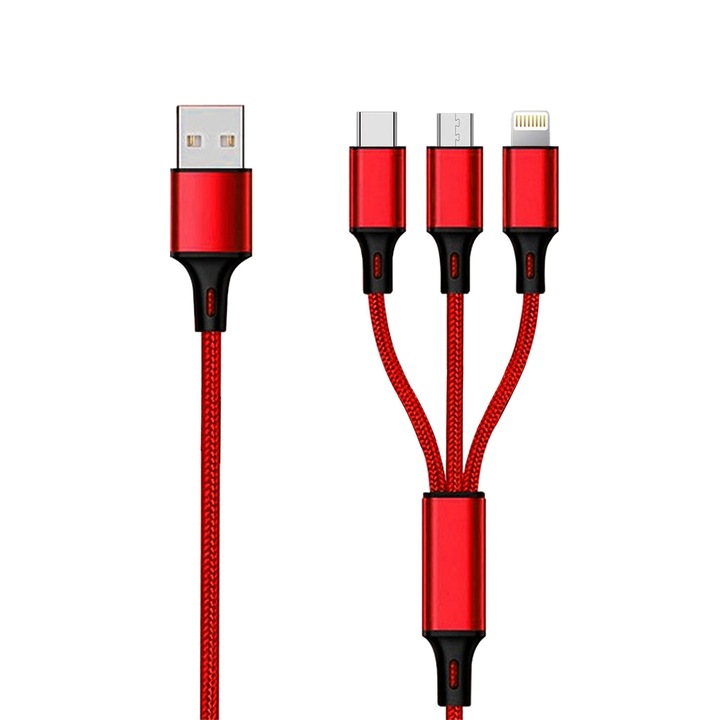 Cablu, 2GO, 3in1 USB Ladekabel Micro-USB, Apple, TypeC Nylon 1,5 m, Rosu