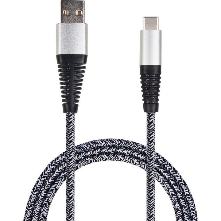 Cablu de date telefon, 2GO, Nylon, USB/USB Type-C, 1m, Argintiu
