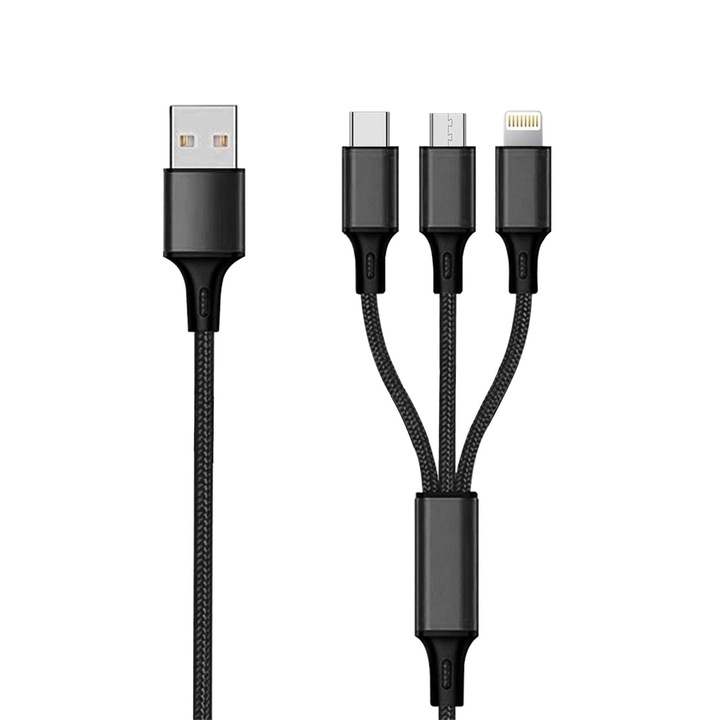 Cablu de date, 2GO, 3in1 USB, 1.5m, negru, pentru Micro-USB, Apple, Type-C