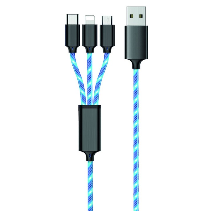 2GO Kábel, USB LED, 3 az 1-ben kék Micro-USB, Lightning, USB-C 1,5 m, kék