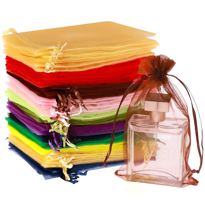Set 100 saculeti pentru cadou, ijoynewk®, Organza, 15x10cm, Multicolor