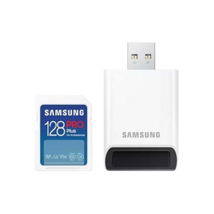 Set card de memorie si cititor, Samsung, Pro Plus, SDXC, 128GB, Alb