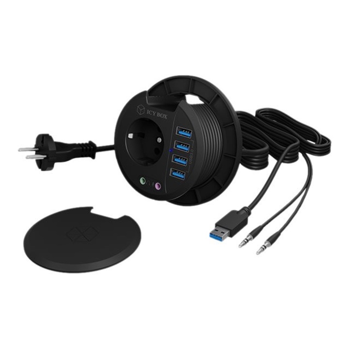 Букса с 4 порта, Schuko, Icy Box, USB 3.0, черна