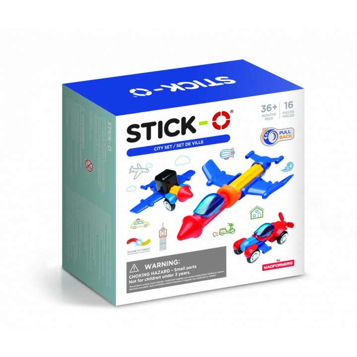 Set magnetic de construit Stick-O Vehicule, 16 piese