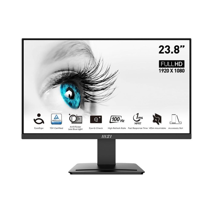 Монитор MSI PRO, MP2412, 23.8", 100Hz, 1920x1080 FHD, VA, 1ms MPRT, 4ms GTG, 4000:1 CONTRAST RATIO, Anti-glare, 1x HDMI, 1x DP, VESA 75, Tilt, 300 cd/m2, 113% (CIE 1976), Черен