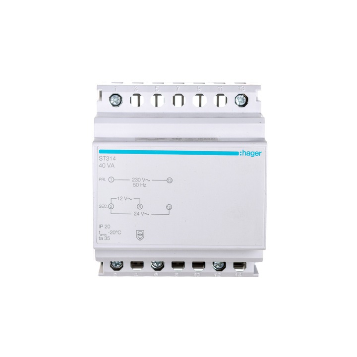 Transformator de siguranta, Hager Polo, 12-24 V, Alb