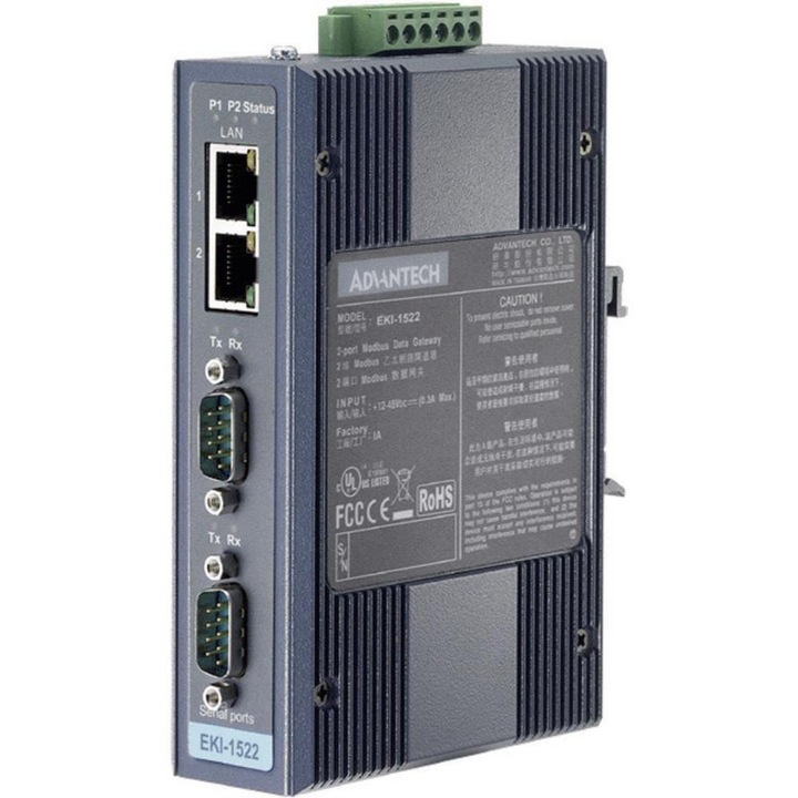 EKI-1522, Serial Device Server, 2-Port RS-232/422/485 Redundant Ethernet, Advantech, -10~600C