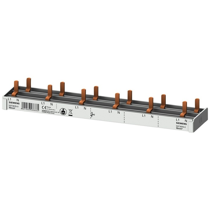 Bus de conectare, Siemens, 1P+N, 10mm2 pin, 12 module pentru 6x (AFDD 5SM6 + 6x 5SV1 / 5SL60), Izolatie completa
