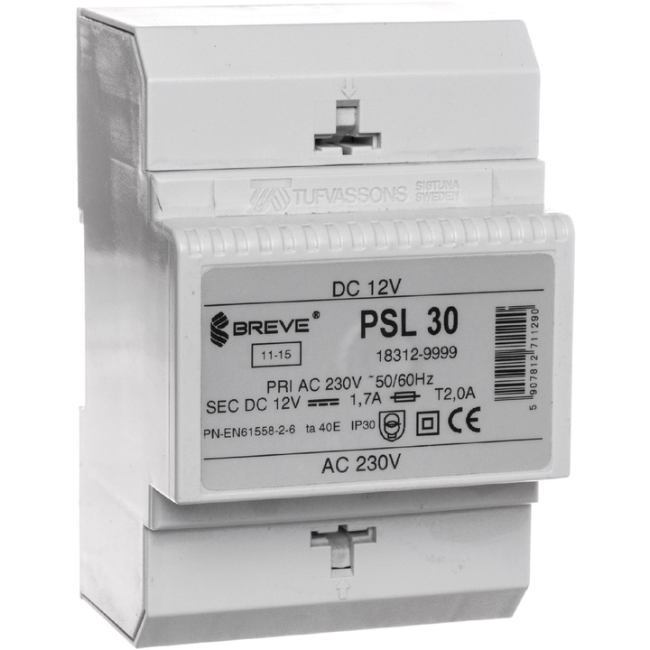 Sursa de alimentare transformator, Breve, 230 V AC / 12 V DC, 20 W, IP33, 1.7 A, 72 x 63 x 72 mm, Alb