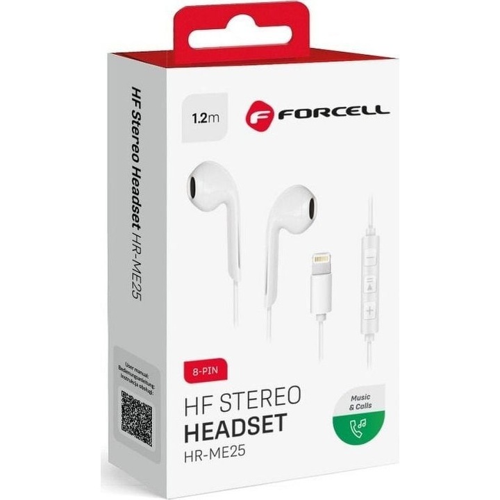 Слушалки с кабел, Forcell, Lightning, 1,2 м, Бели