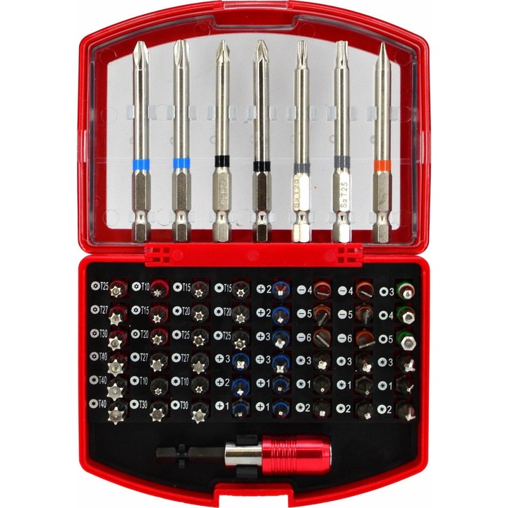 Set de biti 56 piese, AwTools, diverse tipuri, 25mm si 75mm, in cutie de plastic