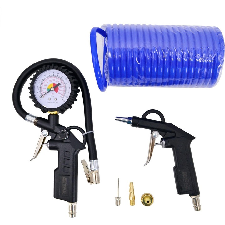 Set 3 accesorii pneumatice, AwTools, Pistolet de suflat si pompat, Cablu spirala 5 m, Multicolor