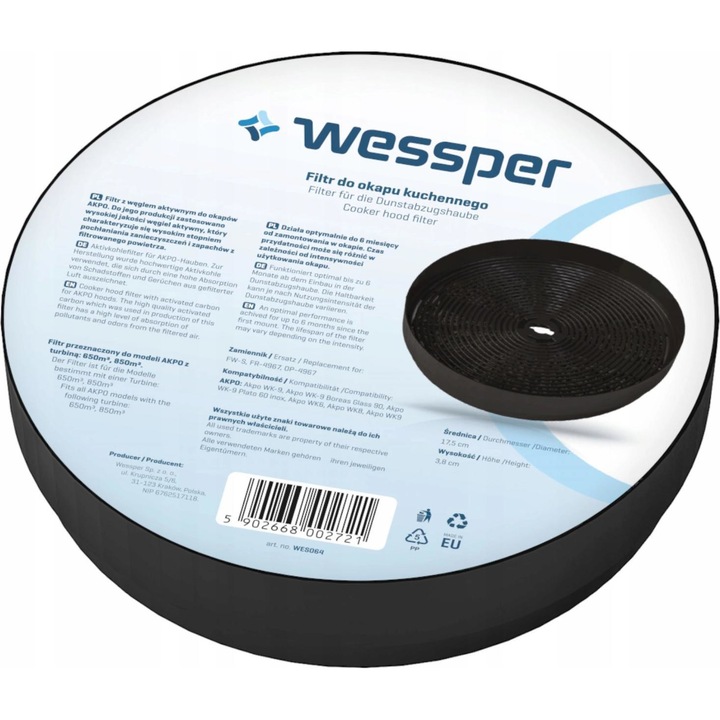 Filtru carbon pentru hota, Wessper, Compatibil Akpo WK-9, Absorbtie inalta