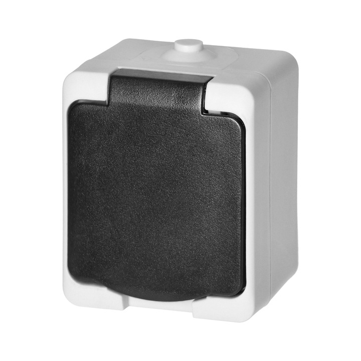 Електрически контакт ORNO AQUATIC MINI OR-OE-7305(GS)/WB, Schuko, 2P+E, 16A, 230V, с намалени размери, за повърхностен монтаж, бърза инсталация, IP54, устойчив на прах и вода, със защитен капак, бял/черен