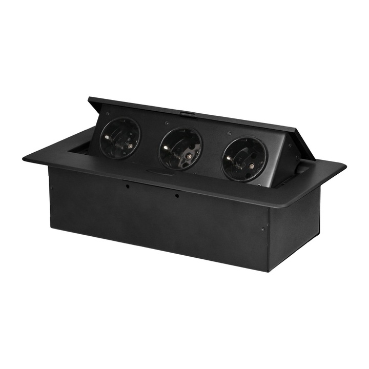 Priza Mobilier Incastrabila ORNO OR-GM-9032(GS)/B, 16A, 3680W, Fara Cablu, 3 prize Schuko, Capac Rabatabil, Margine Ultra-Plata, IP20, Neagra